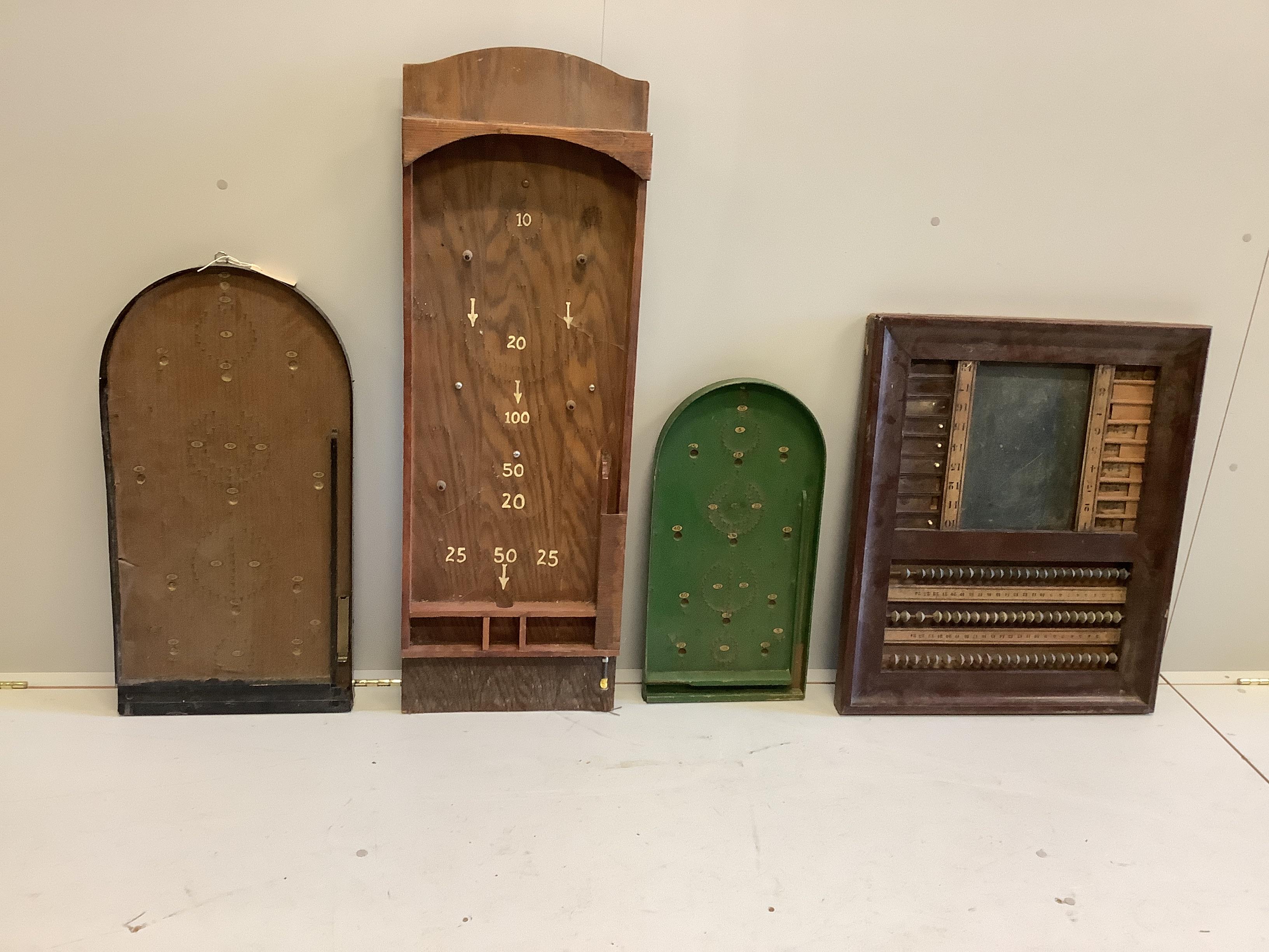 Three vintage bagatelle boards and an abacus scoreboard